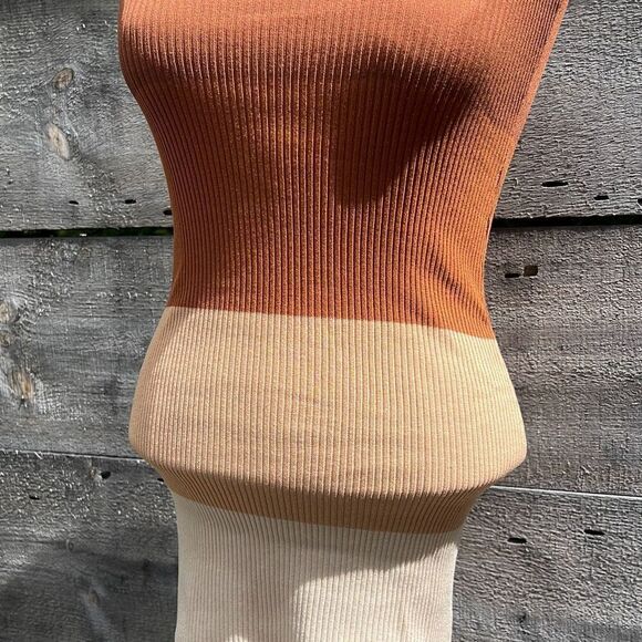 Women's Brown, Cream, & White Stretch Color Block Knit Strapless Top - Picture 2 of 7